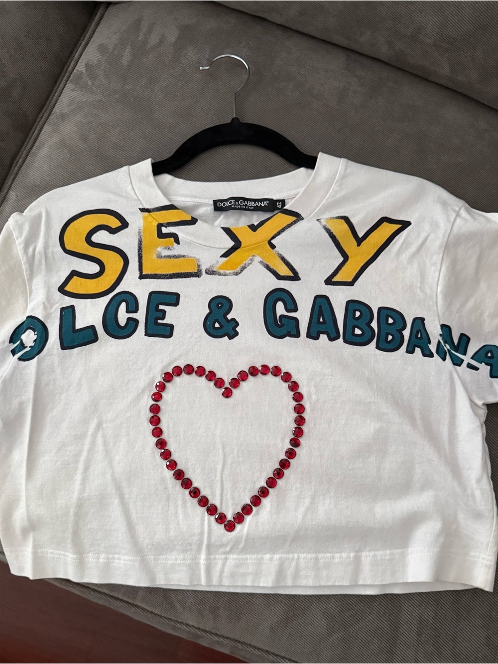 Dolce & Gabbana White 'SEXY' Cropped Tee with Red Heart